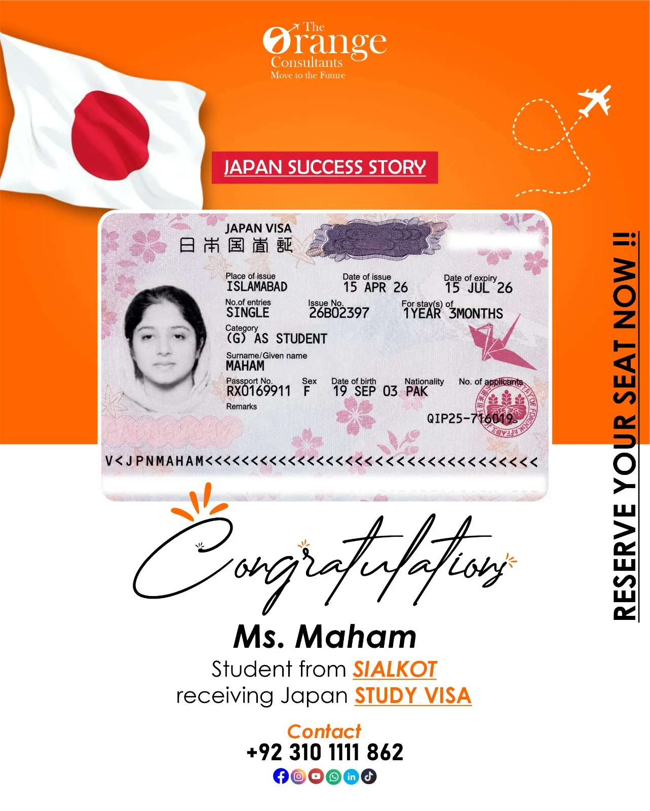 Ms. Maham — Japan Student Visa approval